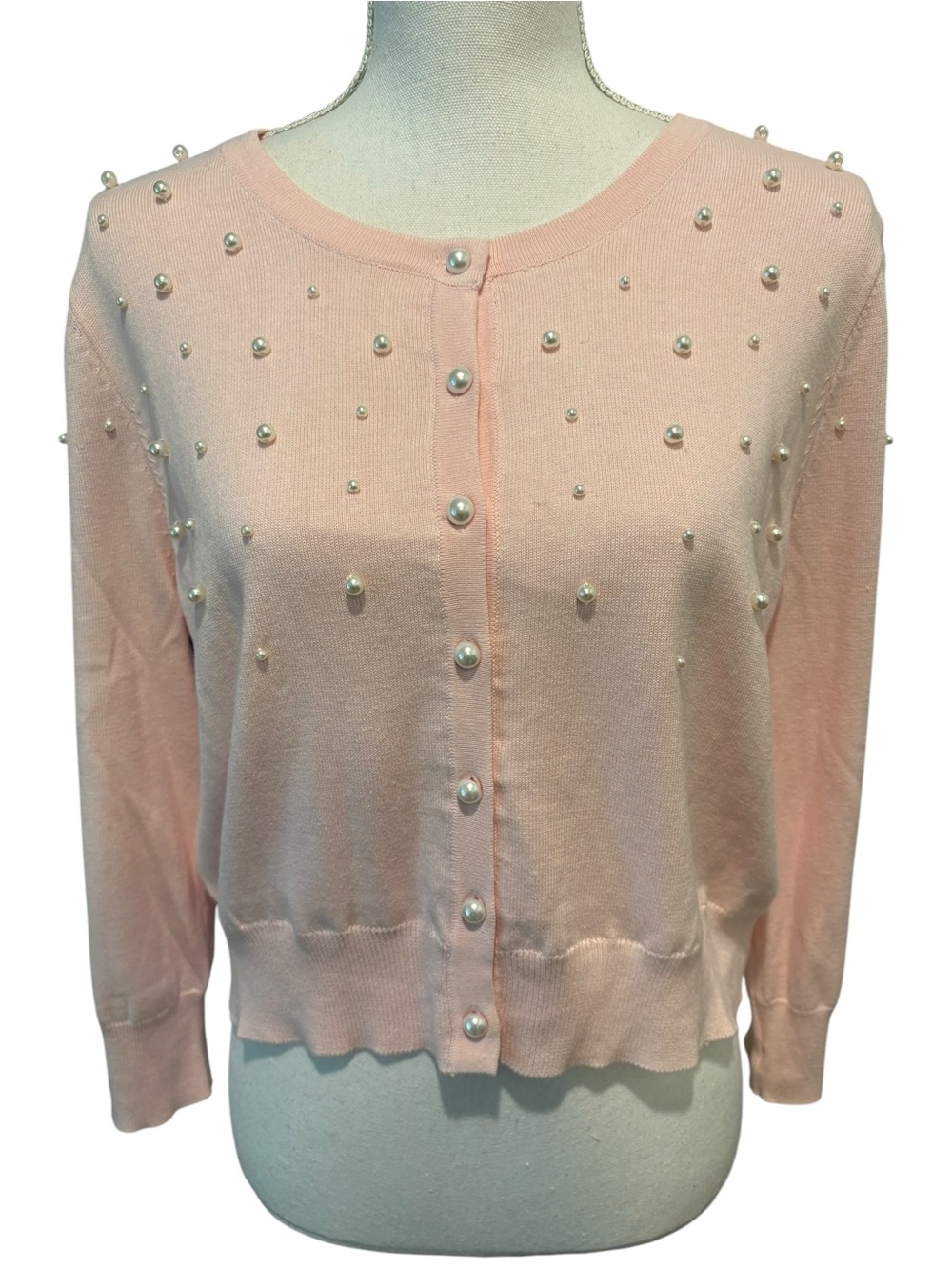 Karl Lagerfeld Paris Pink Pearl Cardigan Sweater.  Size XL